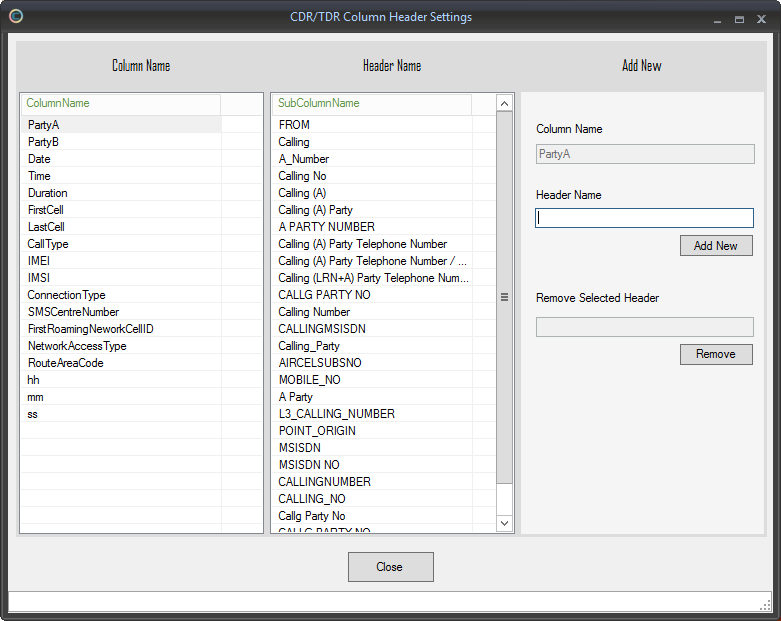 CDR Data Analysis CDR Header Column Setting